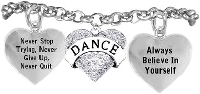 Dance Crystal Heart Bracelet, Never Stop Trying, Never Give Up, Safe-Hypoallergenic, Nickel Free