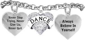 Dance Crystal Heart Bracelet, Never Stop Trying, Never Give Up, Safe-Hypoallergenic, Nickel Free