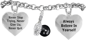 Crystal Bowling Never Give Up, Never Quit Hypoallergenic Adjustable Bracelet, Safe-Nickel, Lead Free