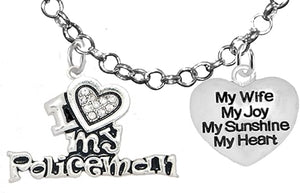 Policeman's, I Love My Policeman, My Wife, My Joy, My Sunshine, Adjustable Rolo Chain Necklace, Hypoallergenic, Safe-Nickel, Lead, Free