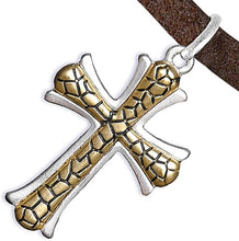Two Tone Matt Gold Ikarian Pattern and Silver Cross Adjustable Necklace Hypoallergenic, Safe-Nickel, Lead, and Cadmium Free