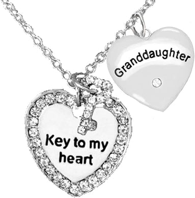 Granddaughter Key to My Heart and Granddaughter Genuine Crystal Heart, Adjustable Neck, Hypoallergenic, Safe-Nickel, Lead, Free