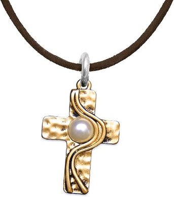 Christian Cross, Two Tone Matt Gold and Silver, Faux Pearl Necklace, Adjustable, Hypoallergenic, Safe-Nickel, Lead, and Cadmium Free