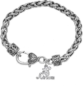 Air Force, I Love My Airman, Wheat Chain Bracelet Hypoallergenic, Safe-Nickel, Lead, Cadmium Free