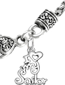 Navy, I Love My Sailor, Wheat Chain Necklace Hypoallergenic, Safe-Nickel, Lead, Cadmium Free