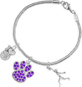 Purple Paw Crystal Basketball Jewelry, Adjustable, Safe-Hypoallergenic, Nickel, Lead Free