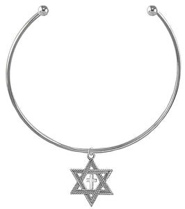 Messianic, New Exciting Style, Star Of David And Cross, Adjustable Silvertone Choker Necklace, What A Wonderful Gift For Yourself, Or Someone Special. Necklace Comes Gift Ready, In A Black Velvet Bag