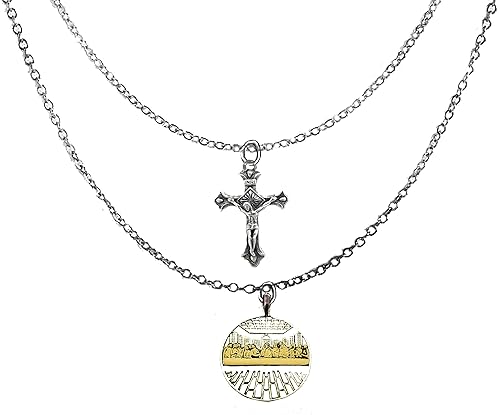 Catholic, Christian, Silver Tone Antique Crucifix And 14KT Goldtone And Silvertone Finish Last Supper, On A Beautiful Adjustable Silver Tone Double Cable Chain Necklace.What A Great Gift For Yourself