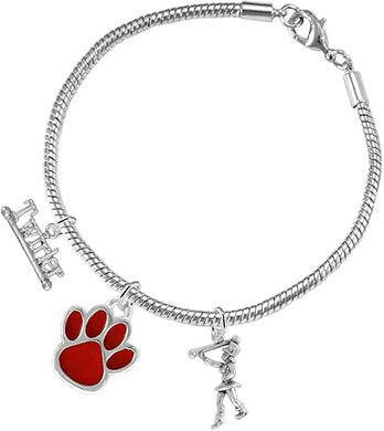 Majorette 3 Charm Bracelet, Red Paw, Majorette, Twirler Wriiten On a Baton, On A Adjustable Silvertone Snake Chain Bracelet. Hypoallergenic-Safe, No Nickel, Lead,Or Cadmium In The Metal.1551-670-910B7
