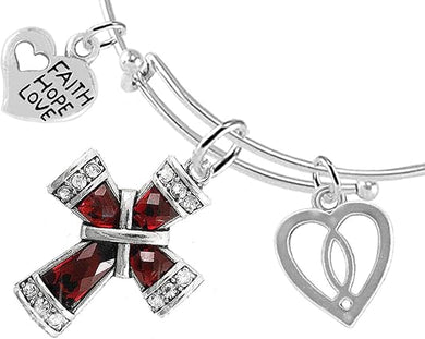 Faith, Hope, Love Christian Crystal Ruby Stone, 3 Charm Adjustable Bracelet Hypoallergenic, Safe-Nickel, Lead, Free