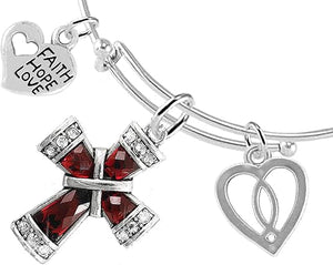 Faith, Hope, Love Christian Crystal Ruby Stone, 3 Charm Adjustable Bracelet Hypoallergenic, Safe-Nickel, Lead, Free