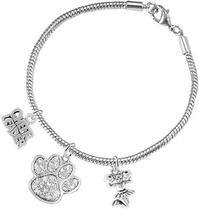 Paw Crystal Cheer 3 Charm Bracelet Safe-Hypoallergenic, Nickel, Lead and Cadmium Free