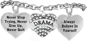 Perfect Gift Theater Drama Crystal Bracelet., "Drama", "Never Give Up " Hypoallergenic Adjustable, Nickle and Lead Free