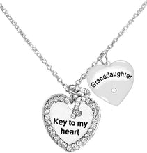 Granddaughter Key to My Heart and Granddaughter Genuine Crystal Heart, Adjustable Neck, Hypoallergenic, Safe-Nickel, Lead, Free