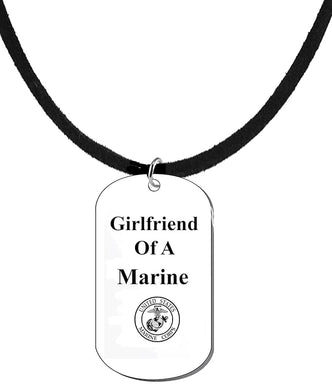 Girlfriend Of A Marine Dog Tag On A Genuine Black Suede Necklace. 18-21 Inches. What A Great Gift For Yourself, Or Somebody Special. Beautiful Premium Quality, Silvertone Finish.