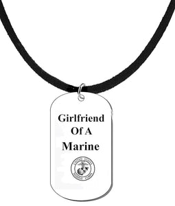Girlfriend Of A Marine Dog Tag On A Genuine Black Suede Necklace. 18-21 Inches. What A Great Gift For Yourself, Or Somebody Special. Beautiful Premium Quality, Silvertone Finish.