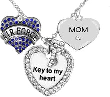 Air Force Mom, “Key to My Heart, Crystal Mom Heart Necklace, Hypoallergenic, Safe-Nickel, Lead Free