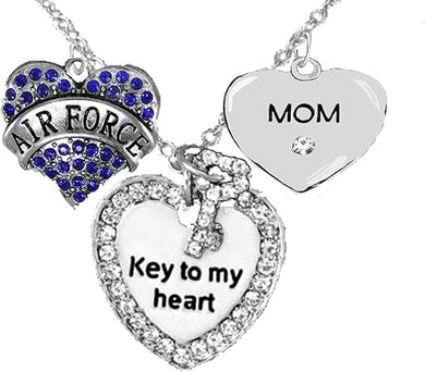 Air Force Mom, “Key to My Heart, Crystal Mom Heart Necklace, Hypoallergenic, Safe-Nickel, Lead Free