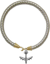 Jet Airplane, Hypoallergenic Genuine Cable Two Tone Silvertone/Goldtone Charm Bracelet, Nickel, Lead, and Cadmium Free
