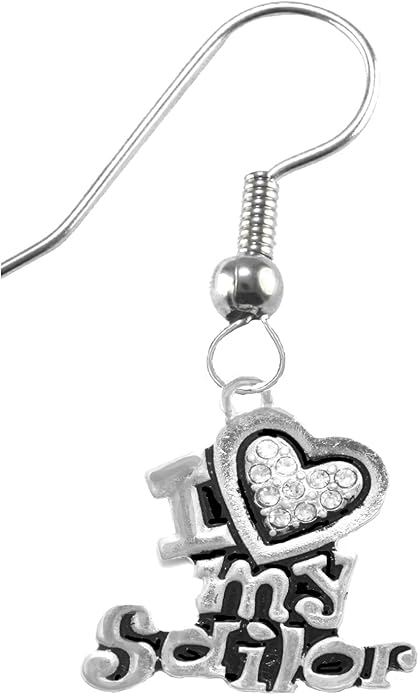 Navy, I Love My Sailor, Crystal Heart Earring, Hypoallergenic, Safe-Nickel, Lead, Free