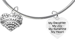 Quinceanera Genuine Crystal Heart, My Daughter, My Joy, My Sunshine, My Heart, Hypoallergenic Adjustable Miracle Wire Bracelet, Safe-Nickel, Lead & Cadmium Free!