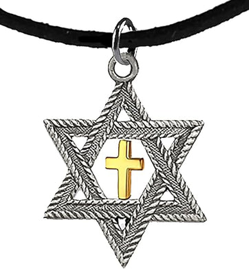 Messianic, Christian, Jewish, Antique Silver Star Of David, Gold Cross On A Adjustable 18-21 Inch Black Suede Necklace, Hypoallergenic-Safe, No Nickel, Lead, or Cadmium In The Metal ©2023