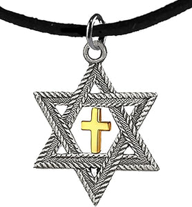 Messianic, Christian, Jewish, Antique Silver Star Of David, Gold Cross On A Adjustable 18-21 Inch Black Suede Necklace, Hypoallergenic-Safe, No Nickel, Lead, or Cadmium In The Metal ©2023