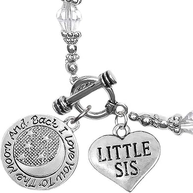 Little Sis, I Love You to The Moon and Back Clear Crystal Charm Bracelet, Hypoallergenic, Safe, Nickel, Lead & Cadmium Free.