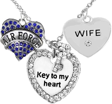 Air Force Wife, “Key to My Heart, Crystal Wife Heart Necklace, Hypoallergenic, Safe-Nickel, Lead Free