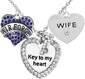 Air Force Wife, “Key to My Heart, Crystal Wife Heart Necklace, Hypoallergenic, Safe-Nickel, Lead Free
