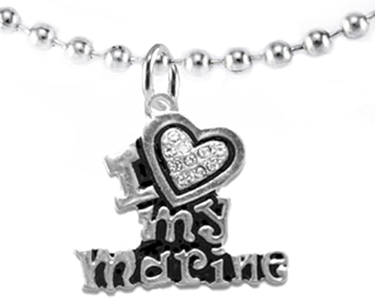 Marine I Love My Marine, Crystal Heart, Adjustable Necklace, Hypoallergenic, Safe-Nickel, Lead, Free