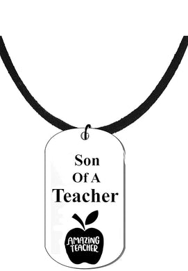 Son Of A Teacher, Dog Tag On A Adjustable Genuine Black Suede Necklace. 18-21 Inches. What A Great Gift For Yourself, Or Somebody Special. Beautiful Premium Quality, Silvertone Finish. Hypoallergen