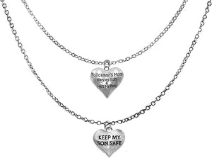 Police Mom, He's My Son, And He's My Hero Heart, Keep my Son Safe Small Heart, Adjustable Silvertone Double Chain Necklace, Hypoallergenic-Safe, No Nickel, Lead, Or Cadmium In The Metal ©2023