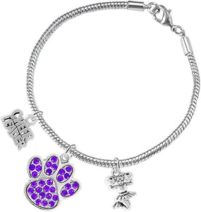 Purple Paw Crystal Cheer 3 Charm Bracelet Safe-Hypoallergenic, Nickel, Lead and Cadmium Free