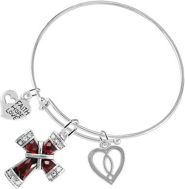 Faith, Hope, Love Christian Crystal Ruby Stone, 3 Charm Adjustable Bracelet Hypoallergenic, Safe-Nickel, Lead, Free