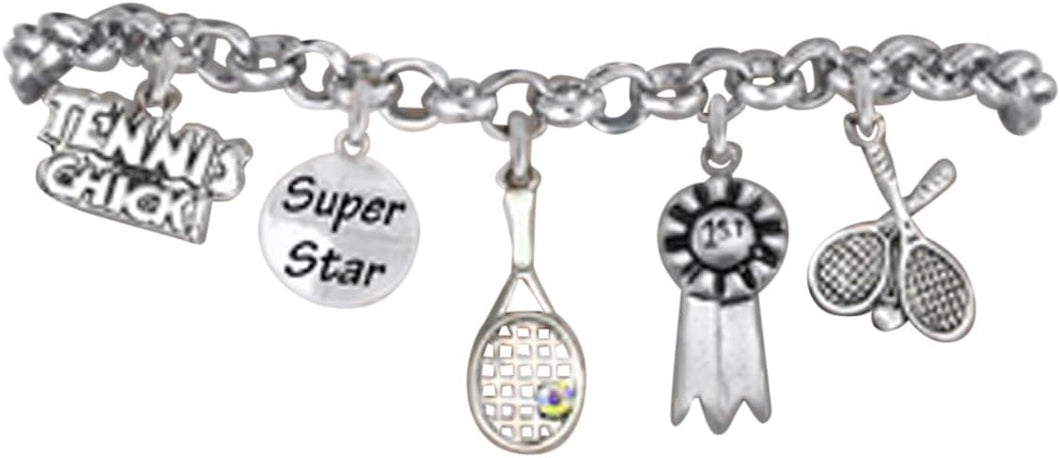 Tennis Super Star, 5 Charm Bracelet, Great Gift, Hypoallergenic, Safe-Nickel, Lead, and Cadmium Free!
