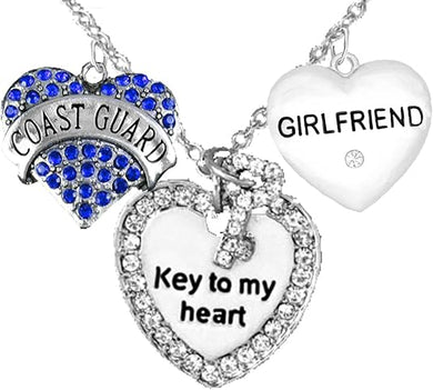 Coast Guard Girlfriend, Key to My Heart, Crystal Girlfriend Heart Charm Necklace, Adjustable, Hypoallergenic, Safe- Nickel, Lead, and Cadmium Free