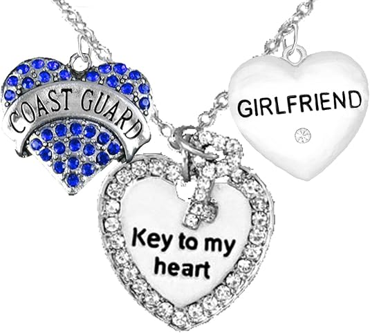 Coast Guard Girlfriend, Key to My Heart, Crystal Girlfriend Heart Charm Necklace, Adjustable, Hypoallergenic, Safe- Nickel, Lead, and Cadmium Free