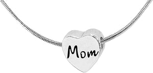 Mom Heart, European Designed Charm With Adjustable Snake Chain Necklace, Sterling Silver Finish With Overcoat Protection™, Nickel, Lead, Cadmium Free