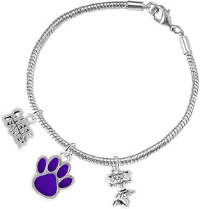 Purple Paw Cheer 3 Charm Bracelet Safe-Hypoallergenic, Nickel, Lead and Cadmium Free