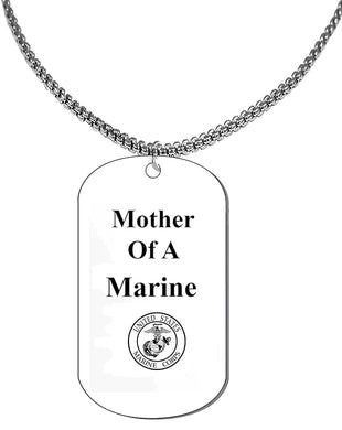 Mother Of A Marine, Dog Tag On A Silvertone Box Chain Necklace. 18-21 Inches. What A Great Gift For Yourself, Or Somebody Special. Beautiful Premium Quality, Silvertone Finish. Hypoallergenic