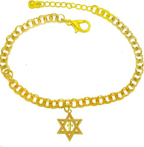 Messianic, Christian, Jewish Antique 14KT Goldtone Star Of David, Goldtone Polished Cross, Adjustable Goldtone Rolo Bracelet, Will Fit Everyone, Hypoallergenic-Safe, No Nickel, Lead, Cadmium In The Metal