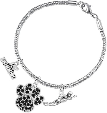 Swimming 3 Charm Black Crystal Paw Bracelet Hypoallergenic, Safe-Nickel, Lead & Cadmium Free!