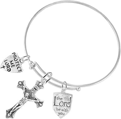 Protect Me Lord Crucifix Christian, 3 Charm Adjustable Bracelet Hypoallergenic, Safe-Nickel, Lead, Free