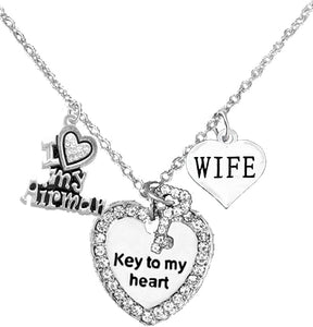 Navy Wife, Key to My Heart, Wife Heart Charm Necklace, Hypoallergenic, Safe-Nickel, Lead, Free