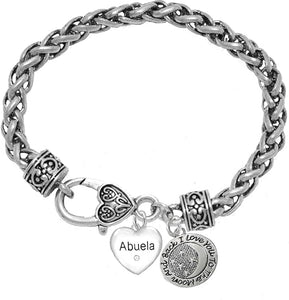 Grandma, Abuela Crystal Heart, I Love You To The Moon And Back On A Antique Wheat Chain Bracelet, Hypoallergenic Safe- No Nickel. Lead, Or Poisonous Cadmium