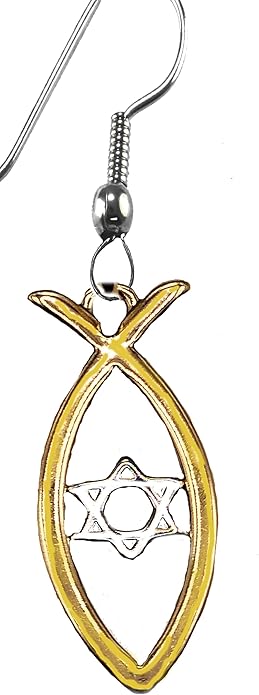 Messianic Christian Fish In 14KT Goldtone, Silvertone Star Of David Earrings. If you do not believe that this jewelry is beautiful when you receive it, simply return it for a full refund.