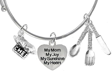 Cooking Jewelry, My Mom, My Joy, My Sunshine, My Heart, Chef Hat, Silverware, Adjustable Bracelet, Hypoallergenic, Safe-Nickel, Lead, Cadmium Free