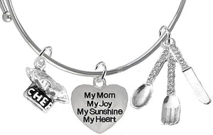 Cooking Jewelry, My Mom, My Joy, My Sunshine, My Heart, Chef Hat, Silverware, Adjustable Bracelet, Hypoallergenic, Safe-Nickel, Lead, Cadmium Free