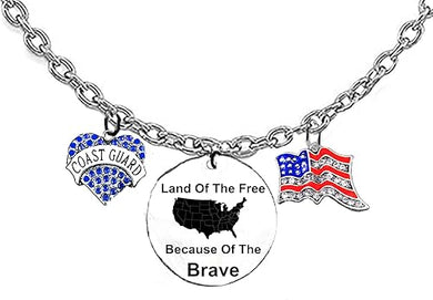 Coast Guard, Blue Crystal Heart, Land Of The Free, Because Of The Brave, Genuine Austrian Crystal American Flag, On A Adjustable Silvertone Cable Chain Necklace, 18 To 21 Inches, What A Wonderful Gift